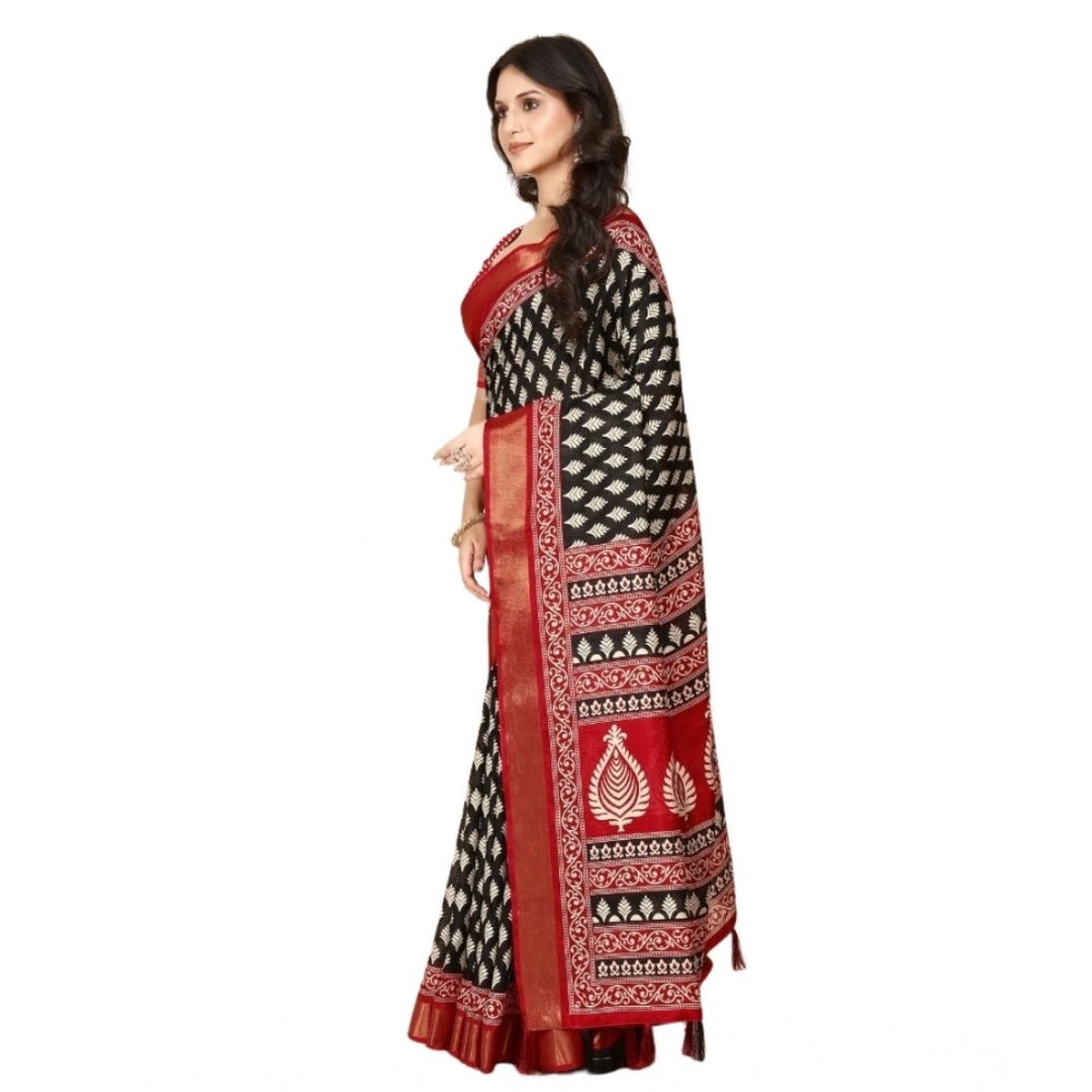 Black cotton silk printed saree with unstitched blouse (5.5mtr) on model