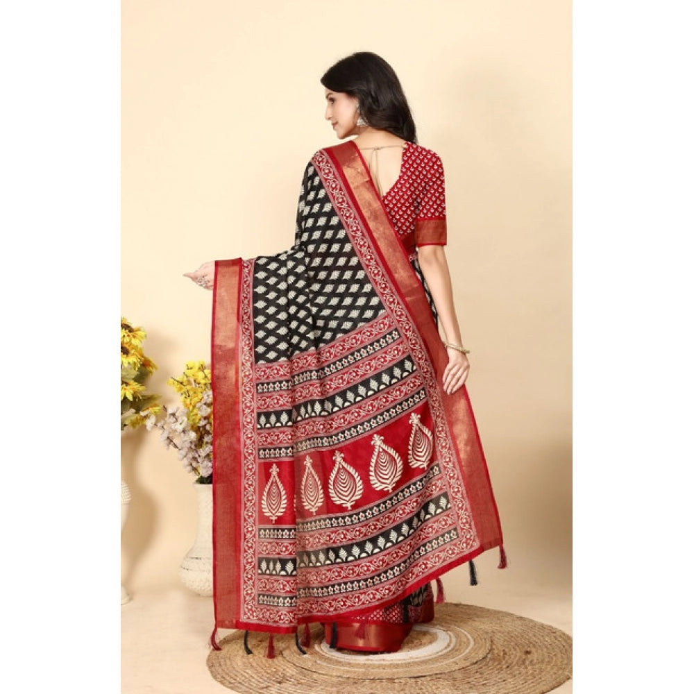Black cotton silk printed saree with unstitched blouse (5.5Mtr) on mannequin
