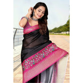 Black-pink cotton silk printed saree with unstitched blouse (5.5mtr), vibrant ethnic wear for women