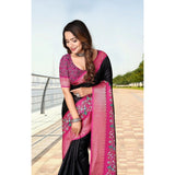 Black-Pink cotton silk printed saree with unstitched blouse, vibrant floral design on traditional Indian wear