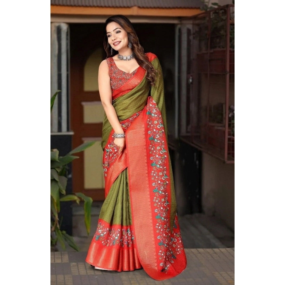 Green-Red cotton silk printed saree with unstitched blouse, vibrant Indian traditional wear for women
