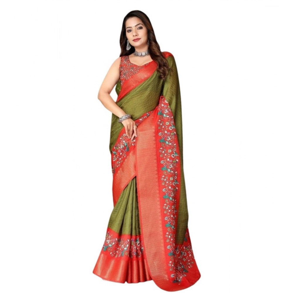Green-Red cotton silk printed saree with unstitched blouse, traditional Indian attire for women on mannequin