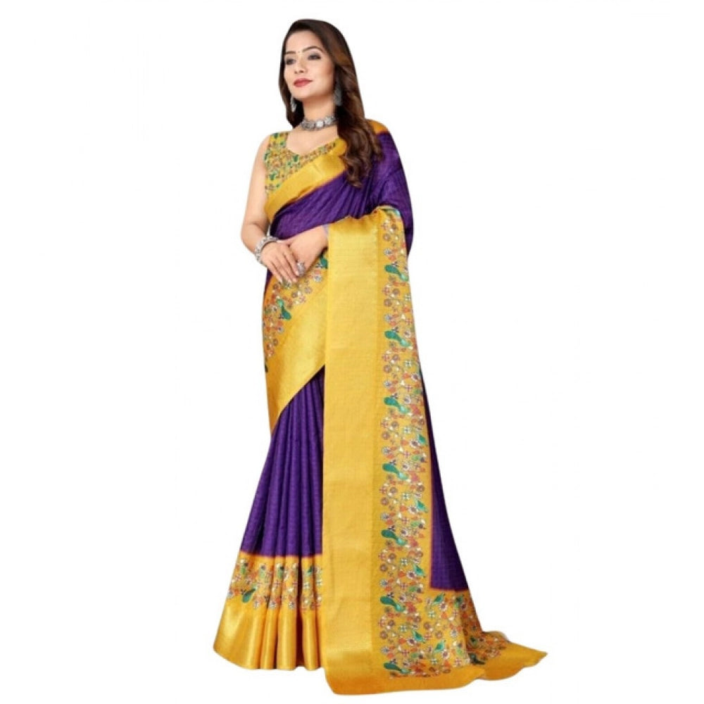 Multi-colored cotton silk printed saree with unstitched blouse, vibrant Indian ethnic wear for women on mannequin