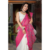 White-Pink cotton silk printed saree with unstitched blouse (5.5Mtr), vibrant floral design on traditional Indian attire