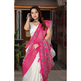 White-pink cotton silk printed saree with unstitched blouse, 5.5Mtr on mannequin