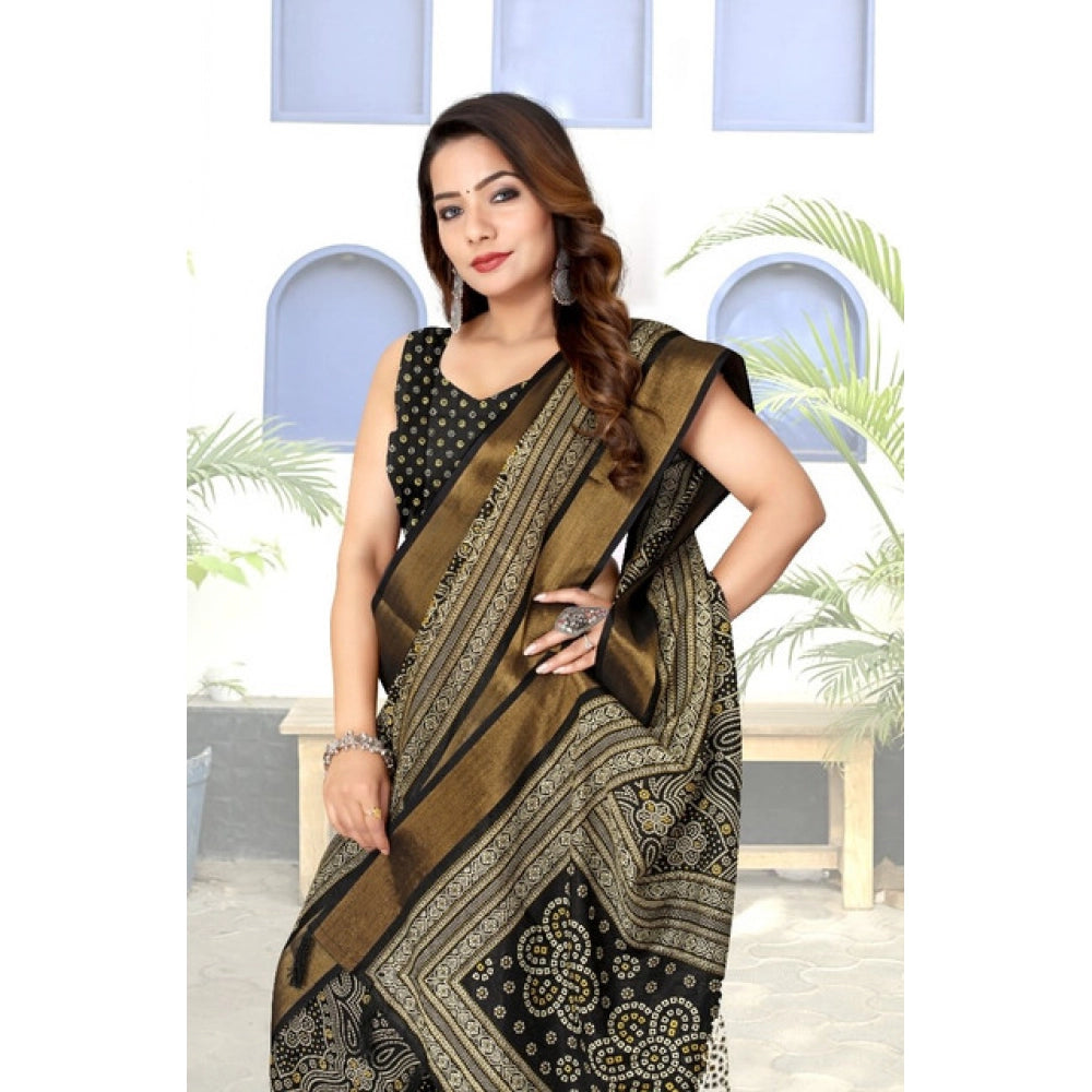 Black cotton silk printed saree with unstitched blouse, vibrant design for traditional Indian wear