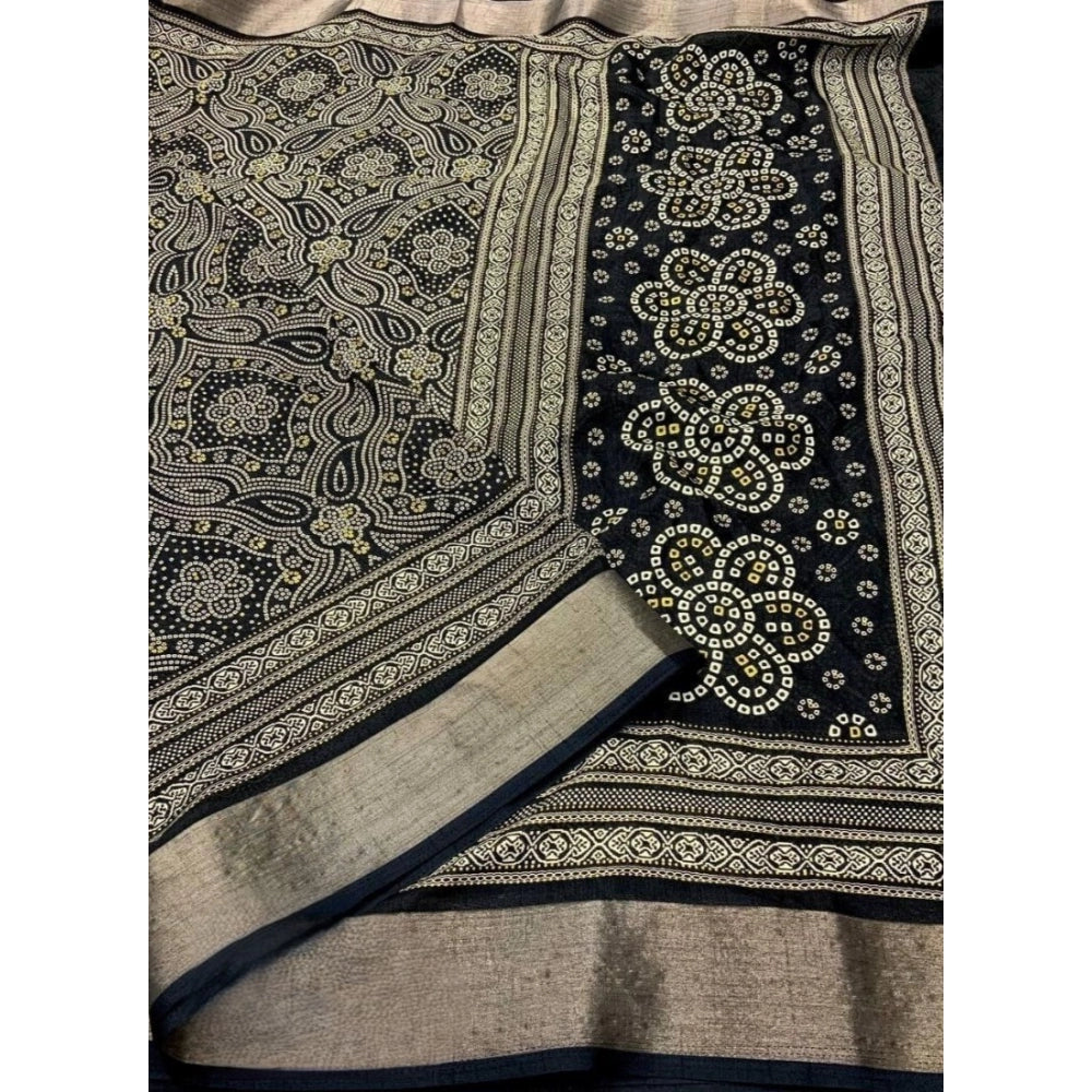 Black cotton silk printed saree with unstitched blouse (5.5Mtr) on mannequin
