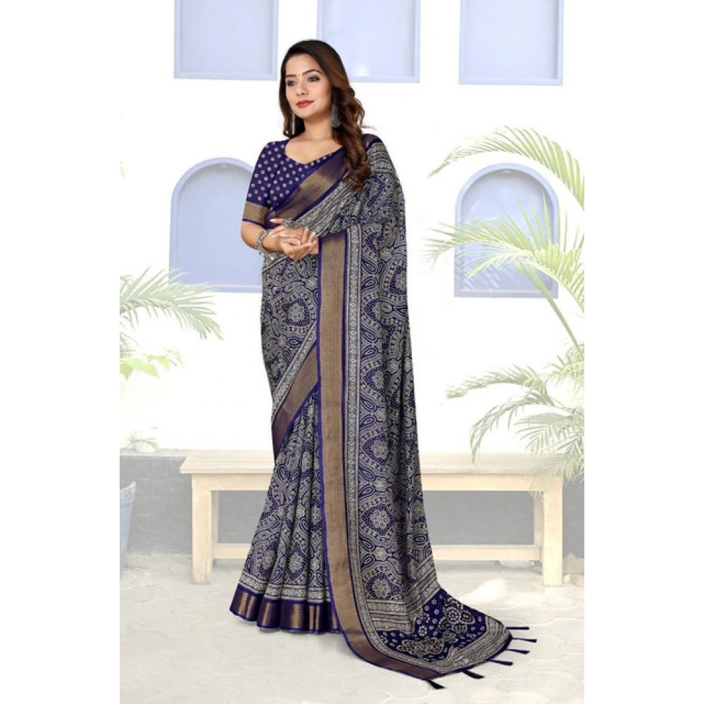 Blue cotton silk printed saree with unstitched blouse (5.5mtr) - vibrant traditional Indian fashion accessory
