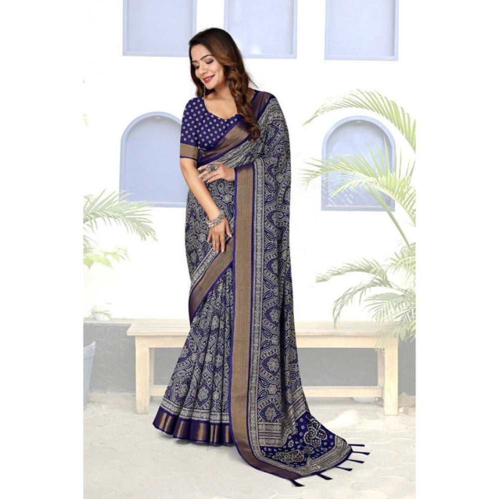 Blue cotton silk printed saree with unstitched blouse (5.5mtr) - vibrant floral design on traditional Indian attire