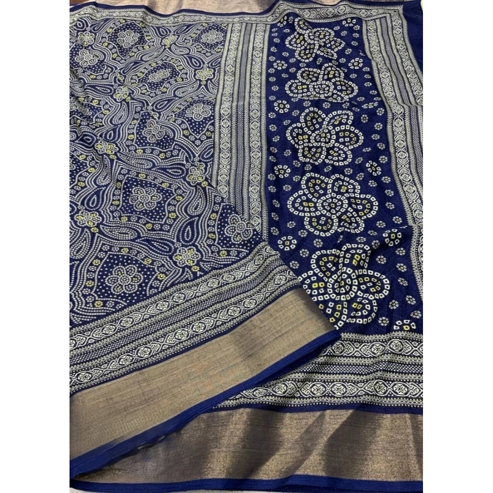 Blue cotton silk printed saree with unstitched blouse, vibrant design for women's traditional wear
