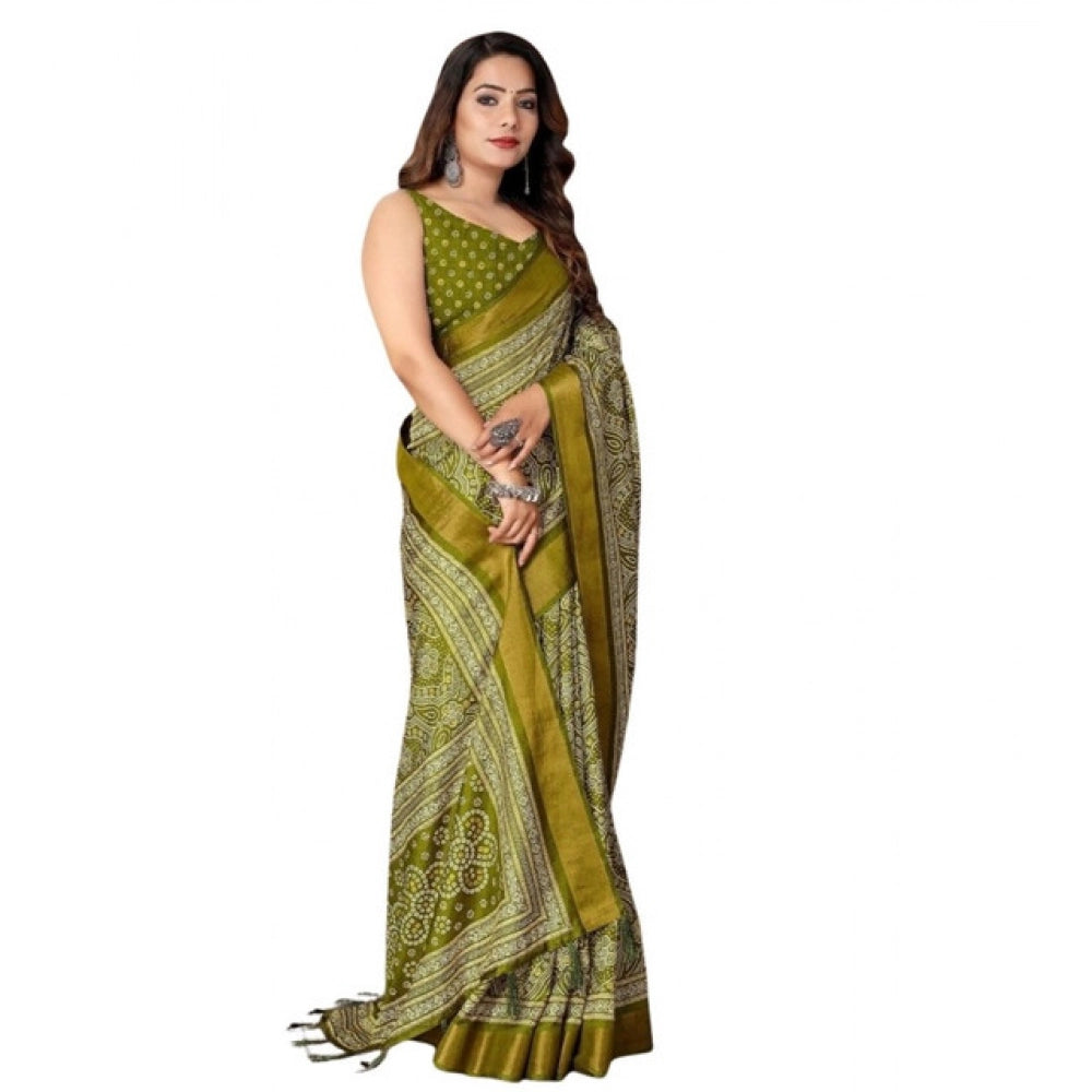 Green cotton silk printed saree with unstitched blouse, vibrant floral pattern on display