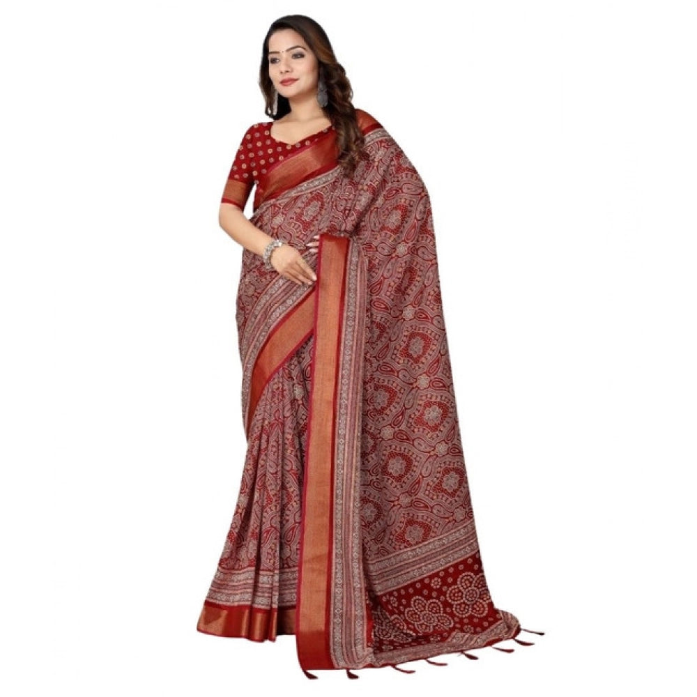 Maroon cotton silk printed saree with unstitched blouse (5.5mtr), exquisite Indian fashion wear on display