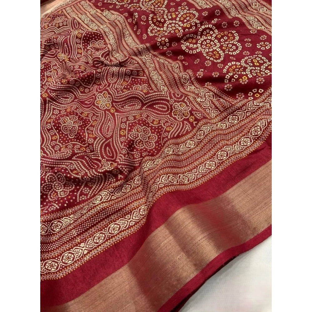 Maroon cotton silk printed saree with unstitched blouse (5.5Mtr), close-up of intricate pattern detail