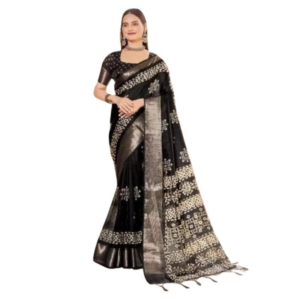 Black cotton silk printed saree with unstitched blouse (5.5Mtr)