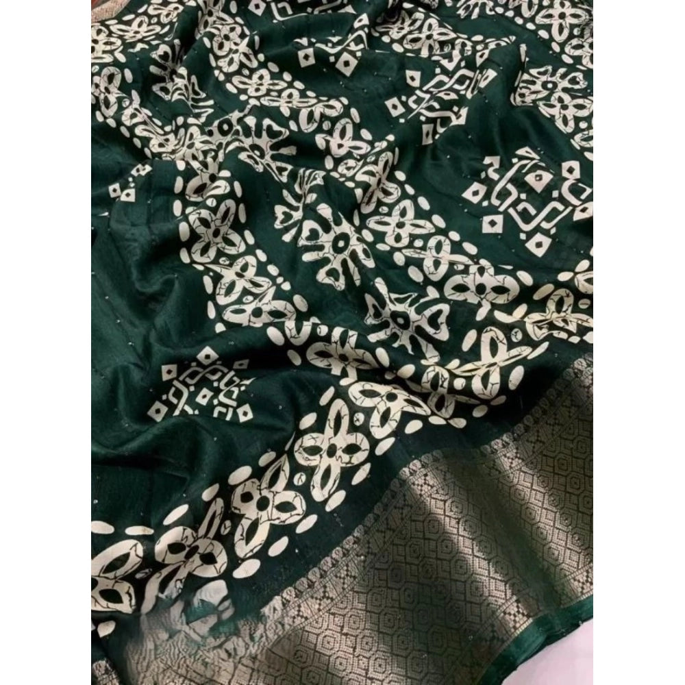 Green cotton silk printed saree with unstitched blouse (5.5Mtr) on mannequin for Indian women's fashion