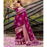 Women's wine-colored cotton silk printed saree with unstitched blouse (5.5Mtr)