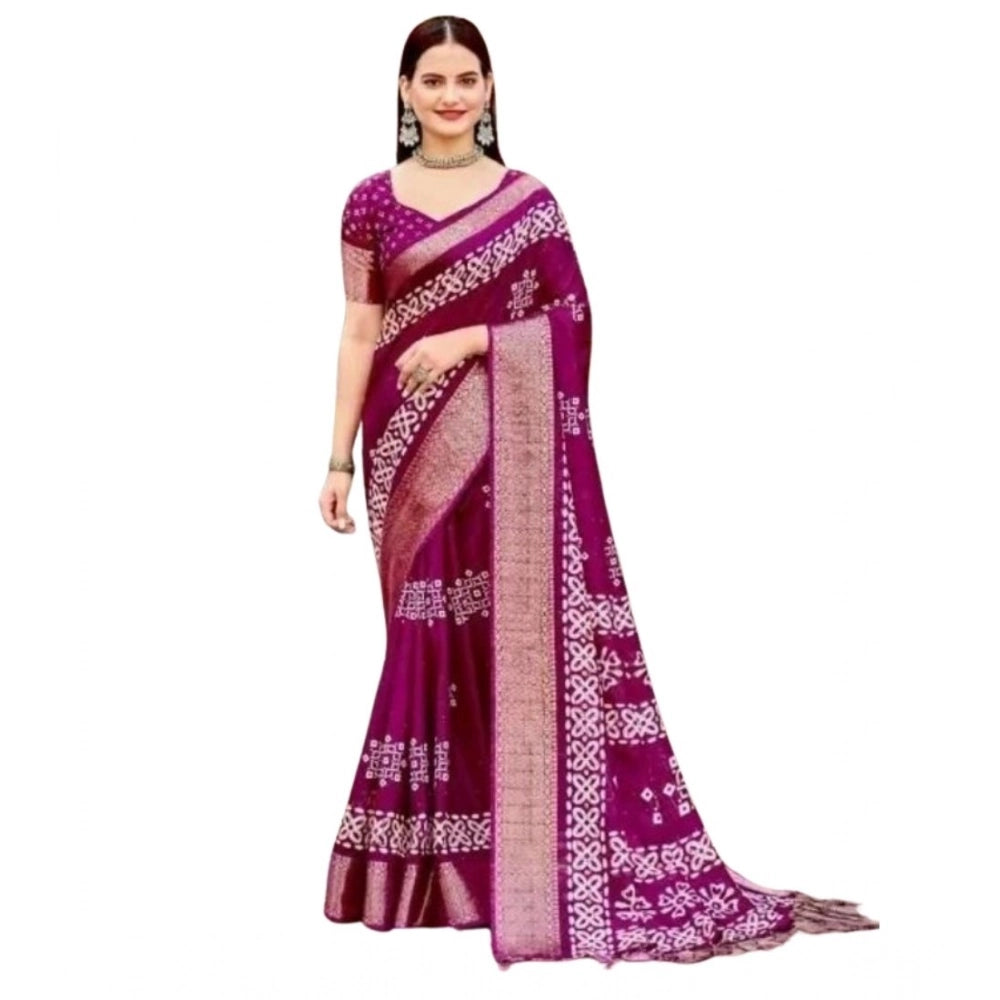 Women's wine cotton silk printed saree with unstitched blouse, 5.5Mtr length