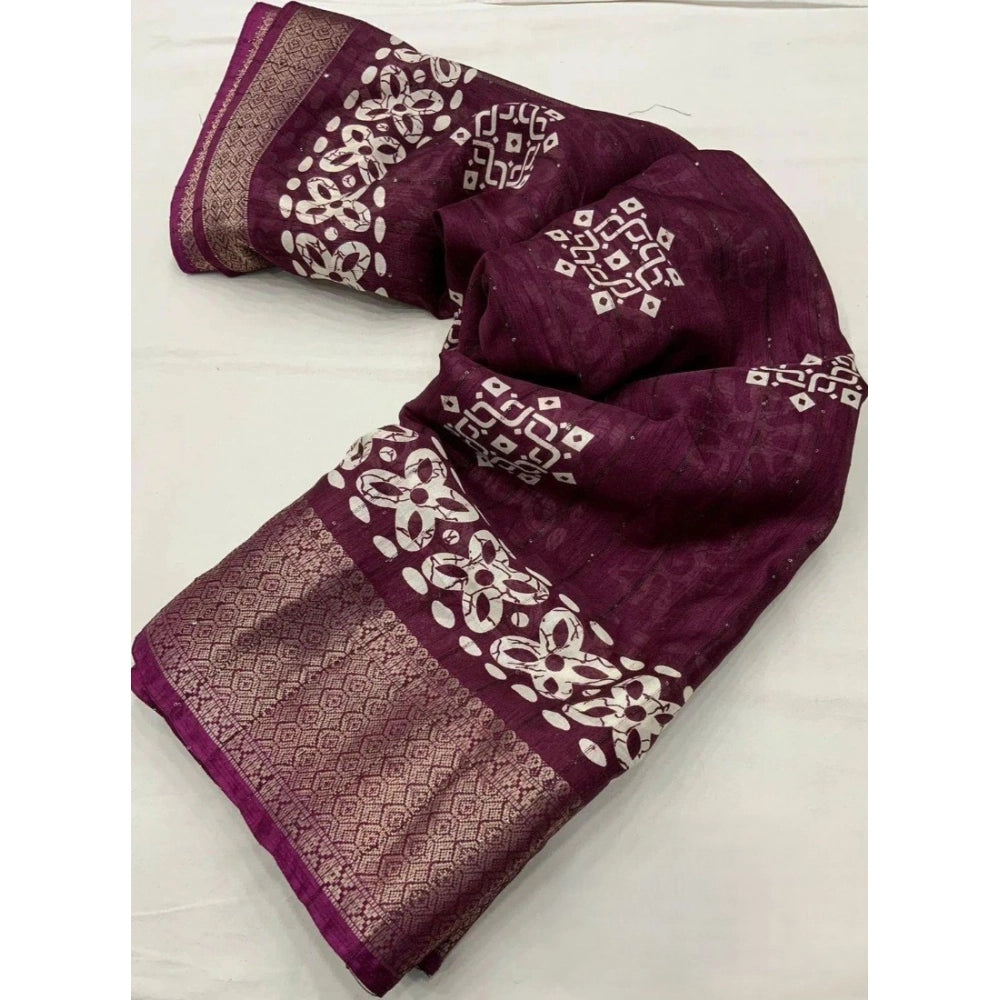 Women's cotton silk printed saree with unstitched blouse (wine), vibrant wine pattern on flowing fabric