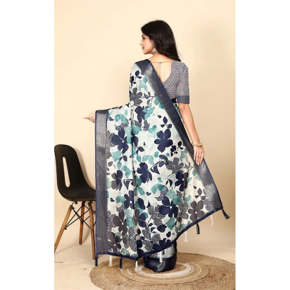 Multicolor cotton silk floral printed saree with unstitched blouse (5.5Mtr), fashionable Asian women's traditional wear on mannequin