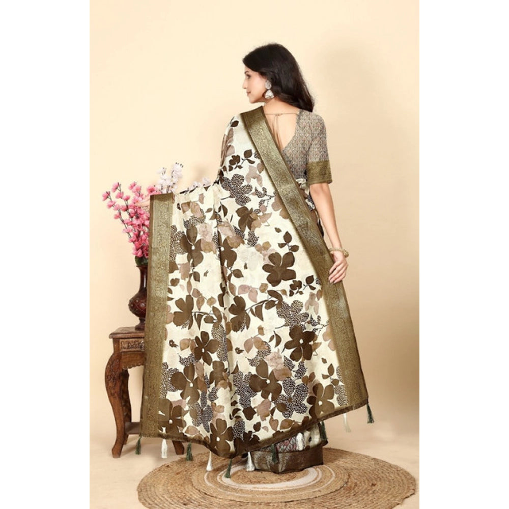 Multicolor cotton silk floral printed saree with unstitched blouse (5.5Mtr), traditional Indian wear on mannequin