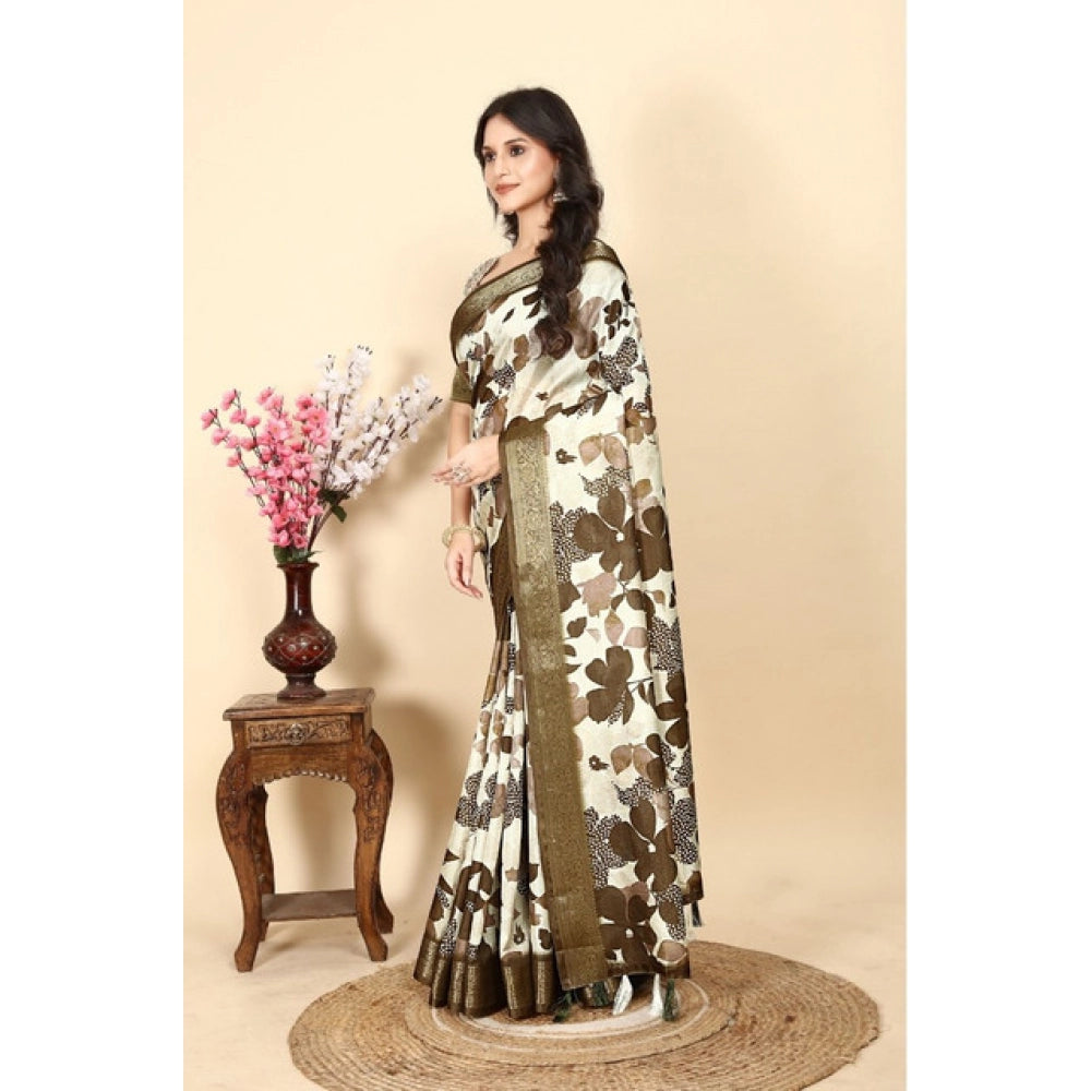 Multicolor floral printed cotton silk saree with unstitched blouse, 5.5Mtr length