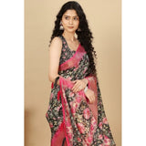 Black cotton silk floral printed saree with unstitched blouse (5.5Mtr) - elegant women's traditional wear for special occasions