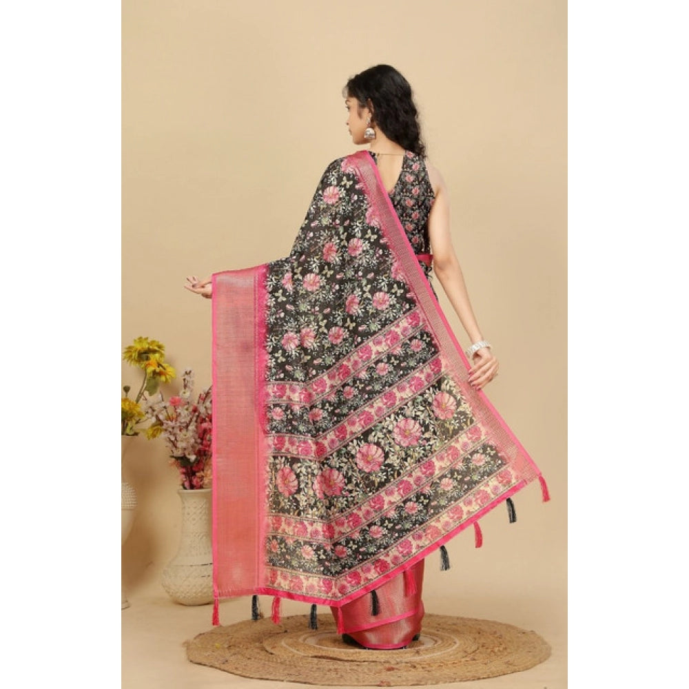 Black cotton silk floral printed saree with unstitched blouse (5.5mtr) - vibrant floral design for traditional Indian wear