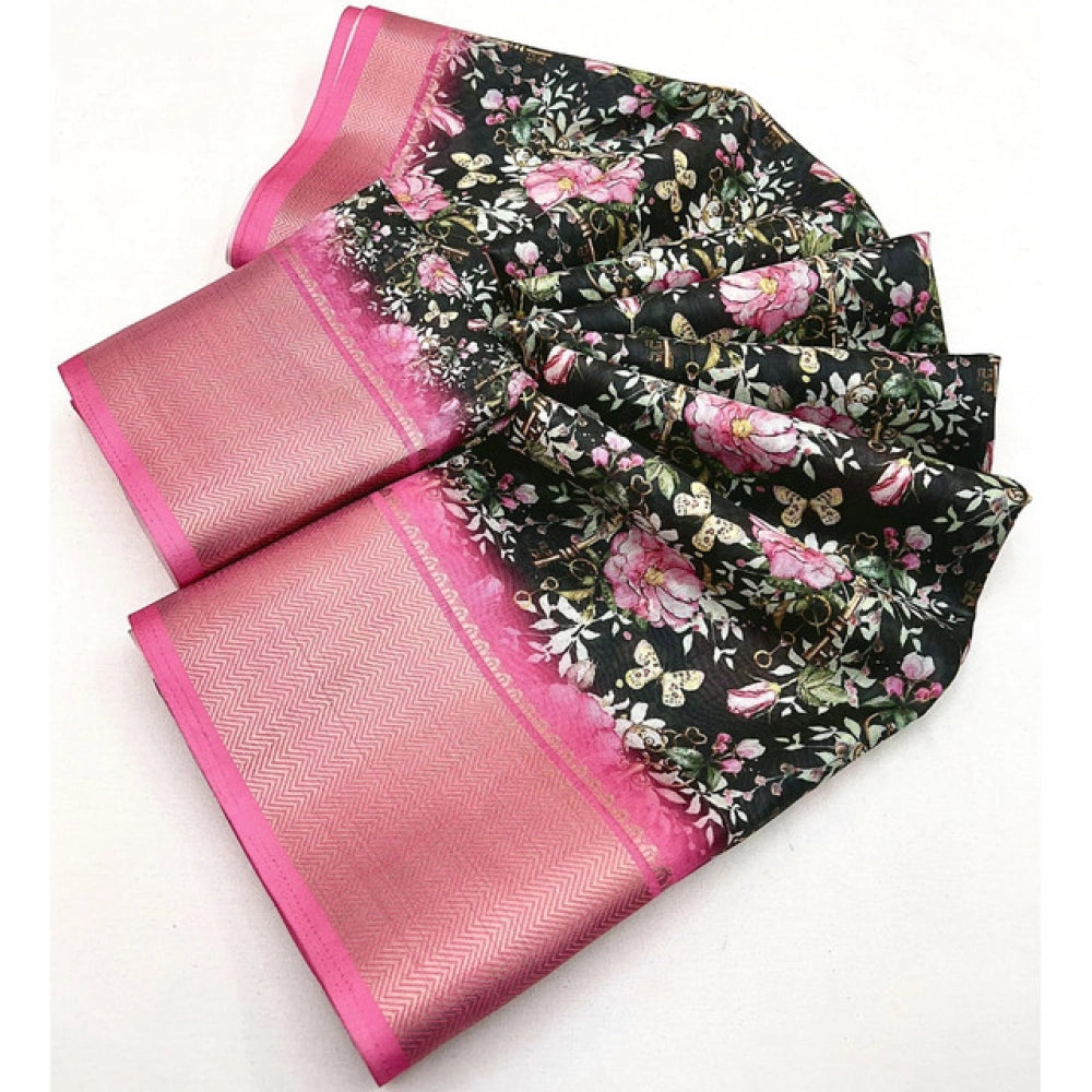 Black cotton silk floral printed saree with unstitched blouse, vibrant flower patterns on a classic Indian wear
