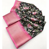 Black cotton silk floral printed saree with unstitched blouse, vibrant flower patterns on a classic Indian wear