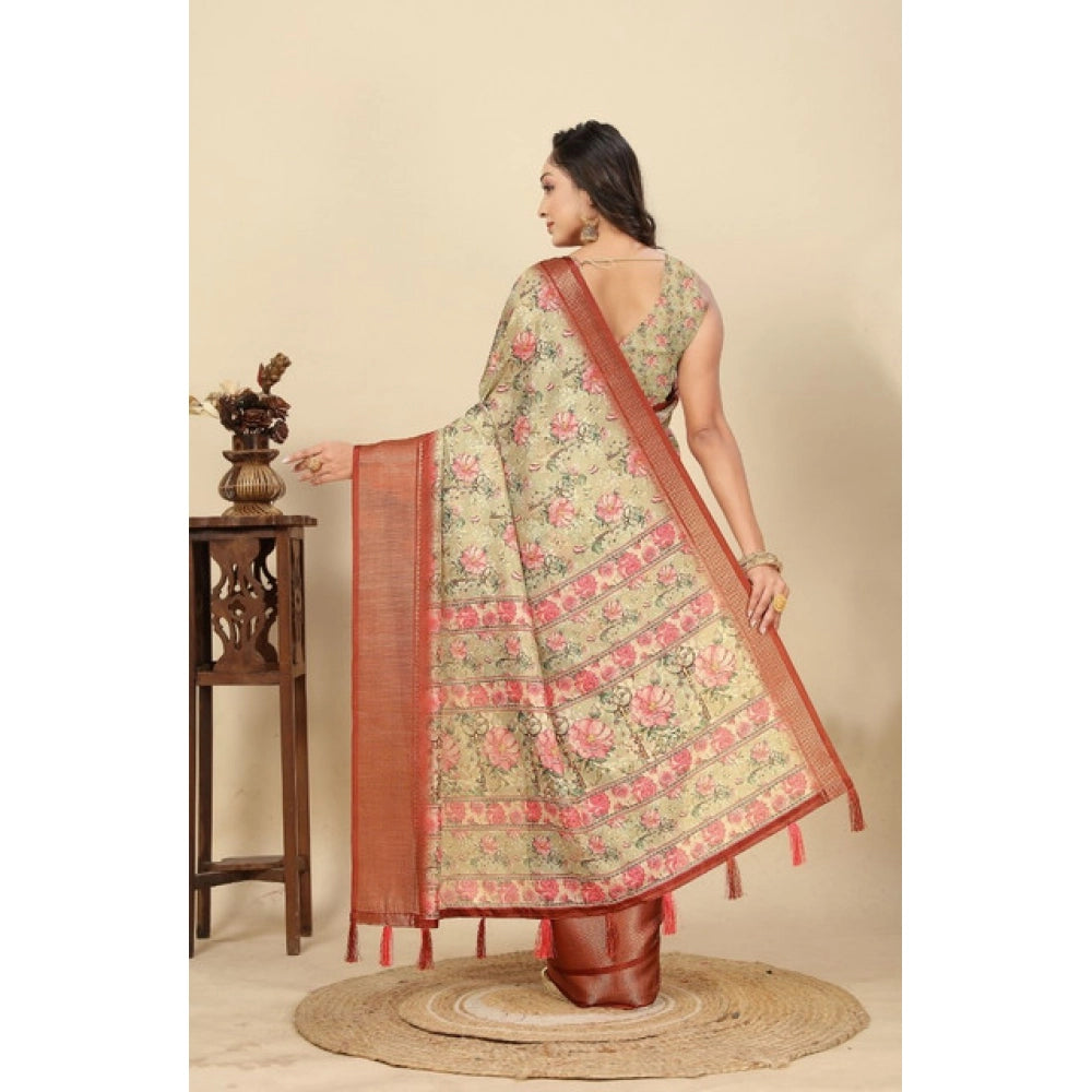 Golden cotton silk floral printed saree with unstitched blouse, 5.5mtr length