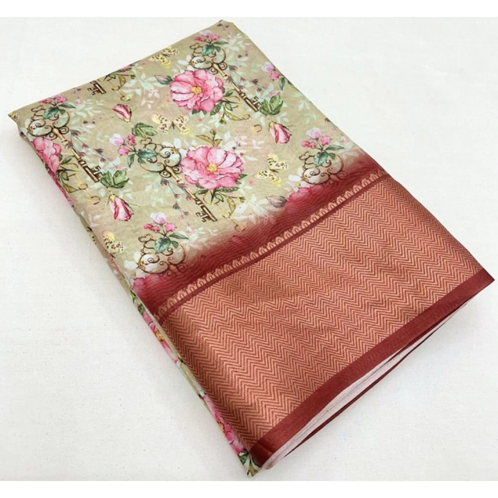 Gold cotton silk floral printed saree with unstitched blouse, 5.5Mtr (closely resembles actual product)