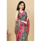 Green cotton silk floral printed saree with unstitched blouse, vibrant blooms on a rich material background