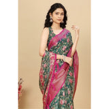 Green cotton silk floral printed saree with unstitched blouse, vibrant blooms on a rich material background