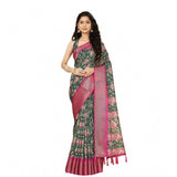 Green cotton silk floral printed saree with unstitched blouse, vibrant floral pattern on traditional Indian attire for women