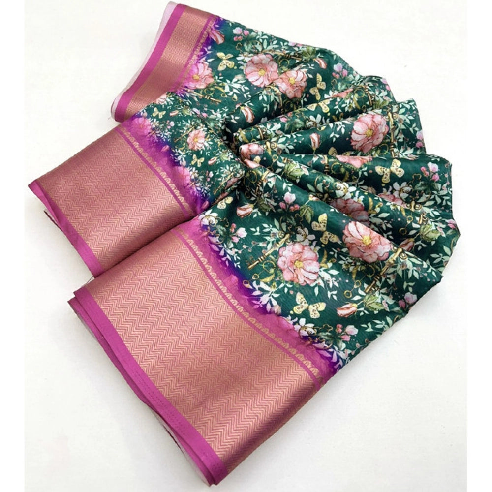 Green cotton silk floral printed saree with unstitched blouse, 5.5mtr length on mannequin
