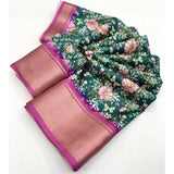 Green cotton silk floral printed saree with unstitched blouse, 5.5mtr length on mannequin