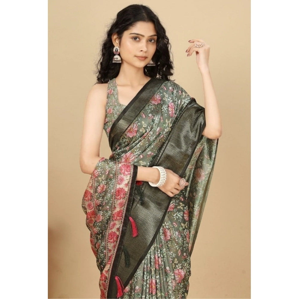 Grey cotton silk floral printed saree with unstitched blouse, 5.5Mtr (close-up)