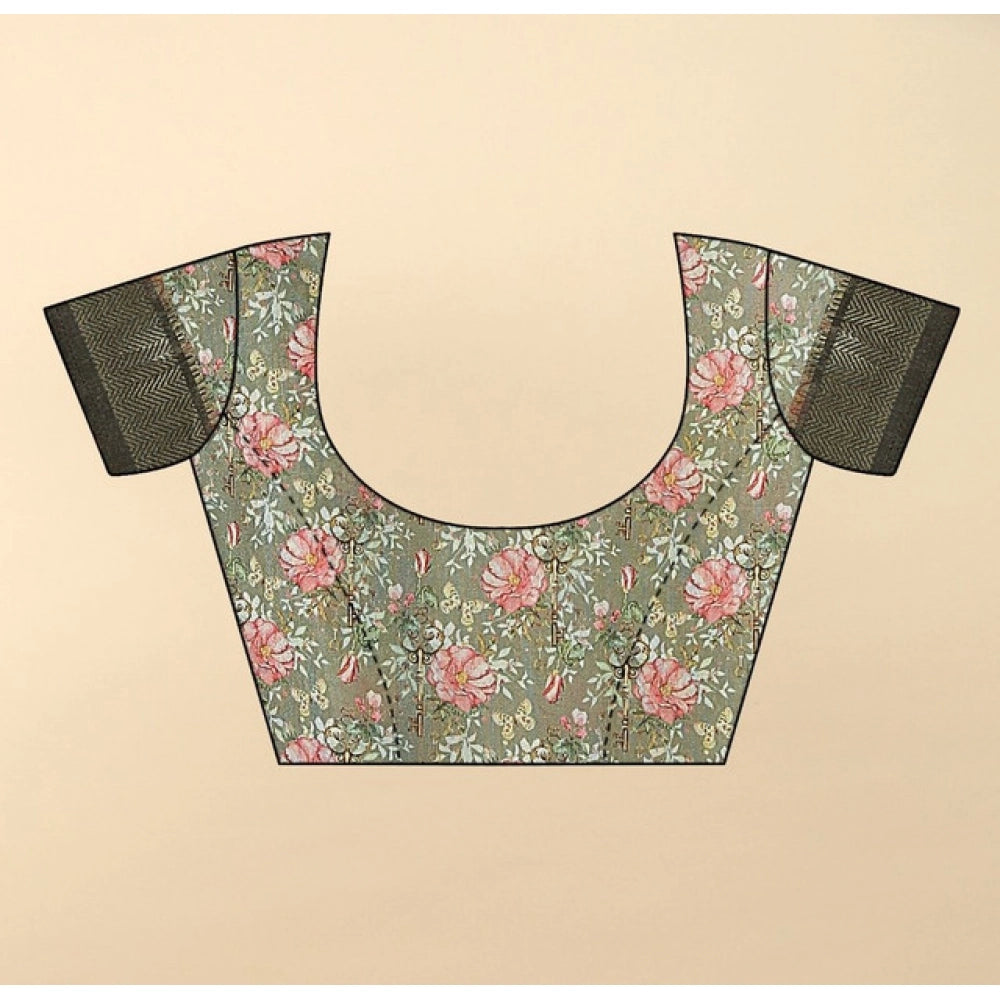 Grey cotton silk floral printed saree with unstitched blouse, 5.5Mtr length