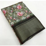Grey cotton silk floral printed saree with unstitched blouse, elegant women's traditional wear