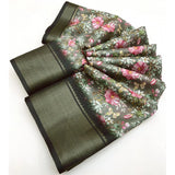 Grey cotton silk floral printed saree with unstitched blouse, intricate floral design for Indian women's fashion