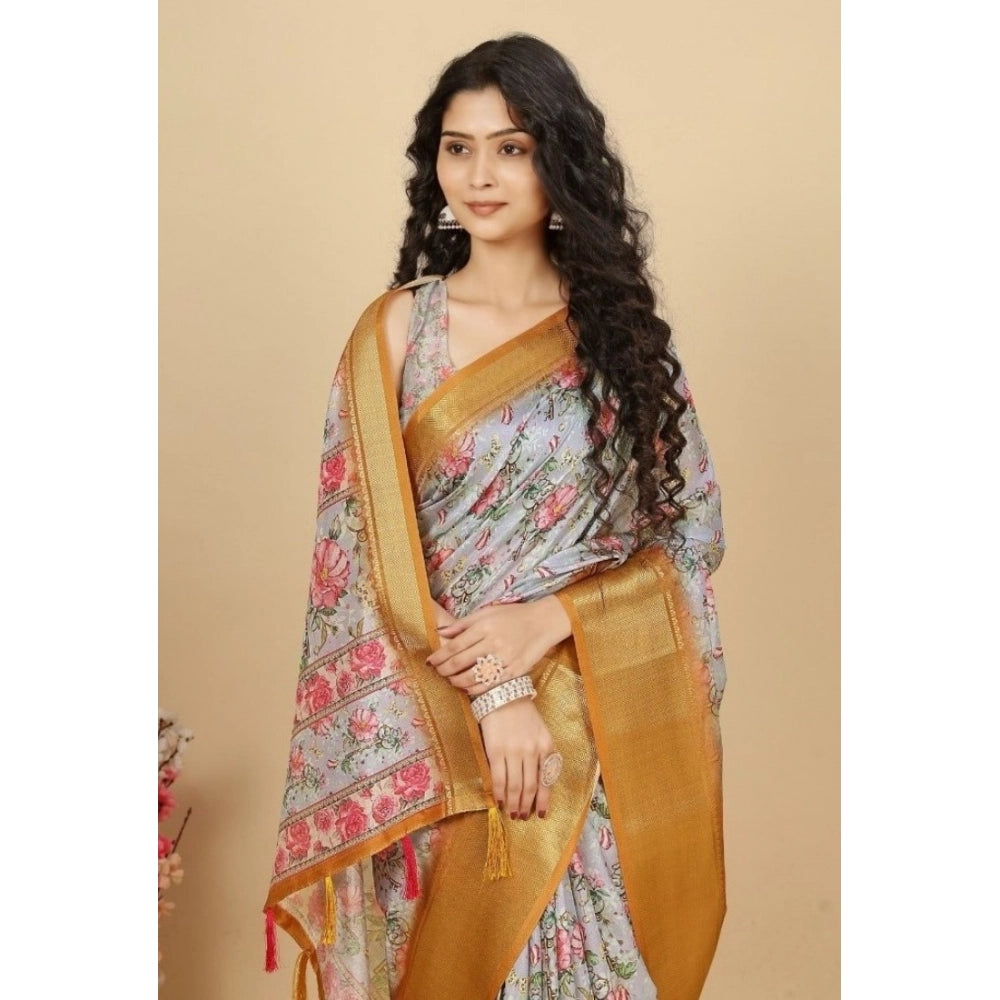 Lavender cotton silk floral printed saree with unstitched blouse (5.5Mtr) - elegant women's Indian fashion