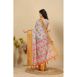 Lavender cotton silk floral printed saree with unstitched blouse (5.5mtr), vibrant blooms on traditional Indian wear