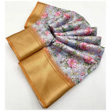 Lavender cotton silk floral printed saree with unstitched blouse, 5.5mtr length, vibrant blooms on soft fabric