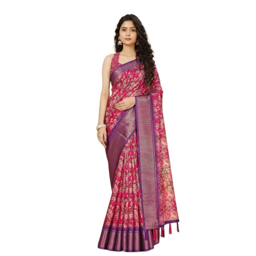 Pink cotton silk floral printed saree with unstitched blouse, 5.5Mtr (Pink) on model
