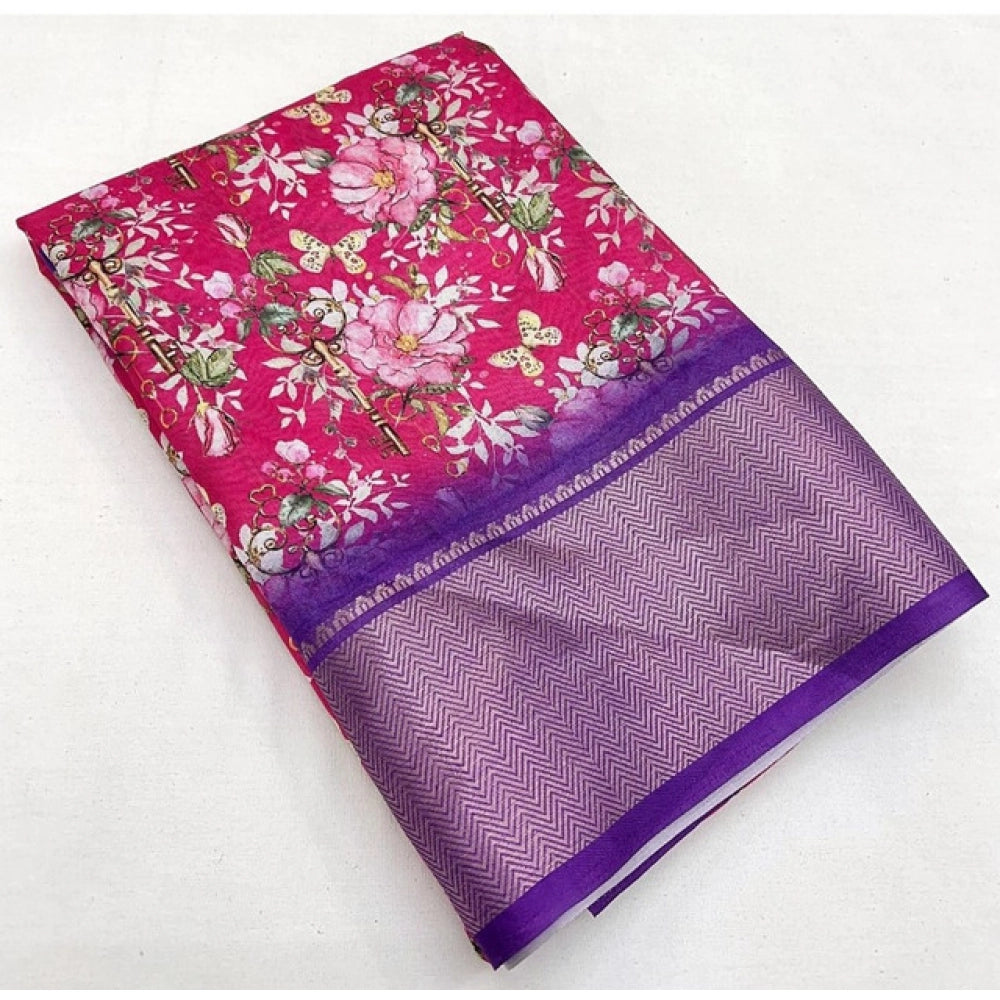 Pink cotton silk floral printed saree with unstitched blouse (5.5Mtr) - elegant women's traditional Indian wear