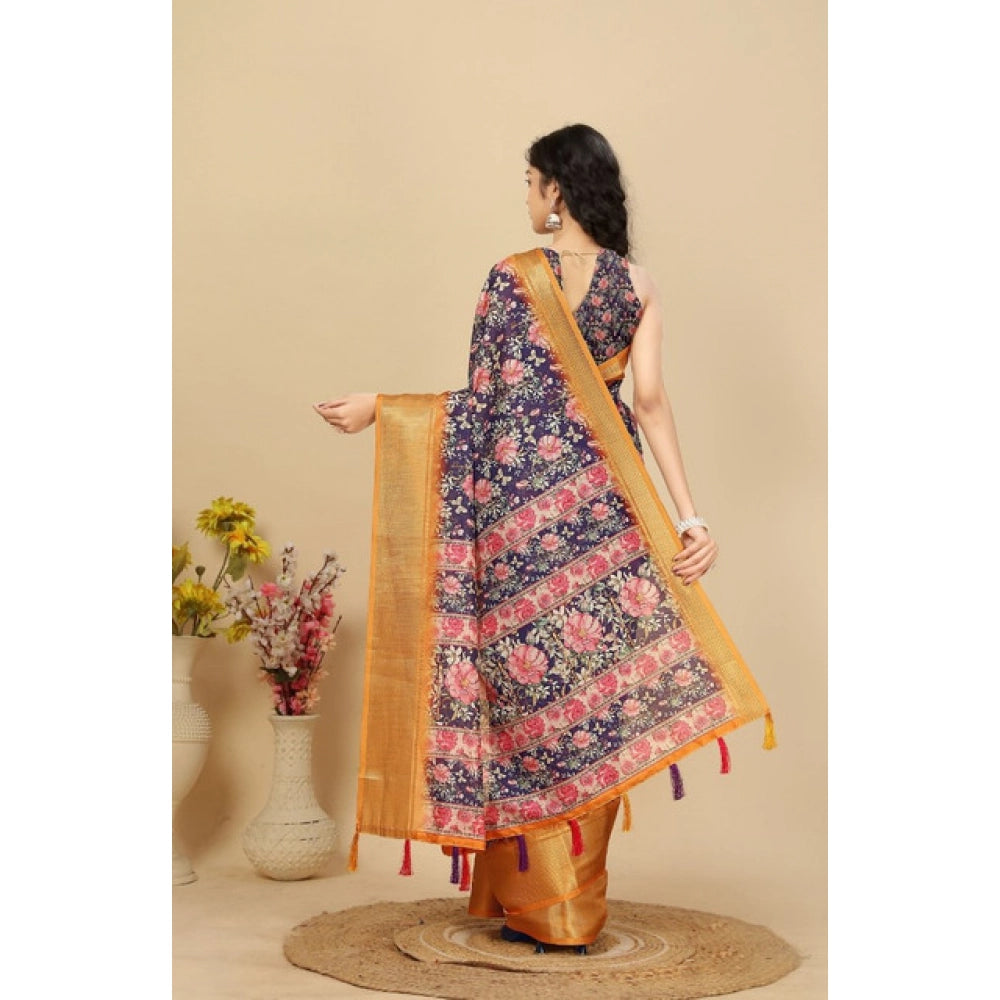Purple cotton silk floral printed saree with unstitched blouse (5.5mtr), traditional Indian women's wear on mannequin