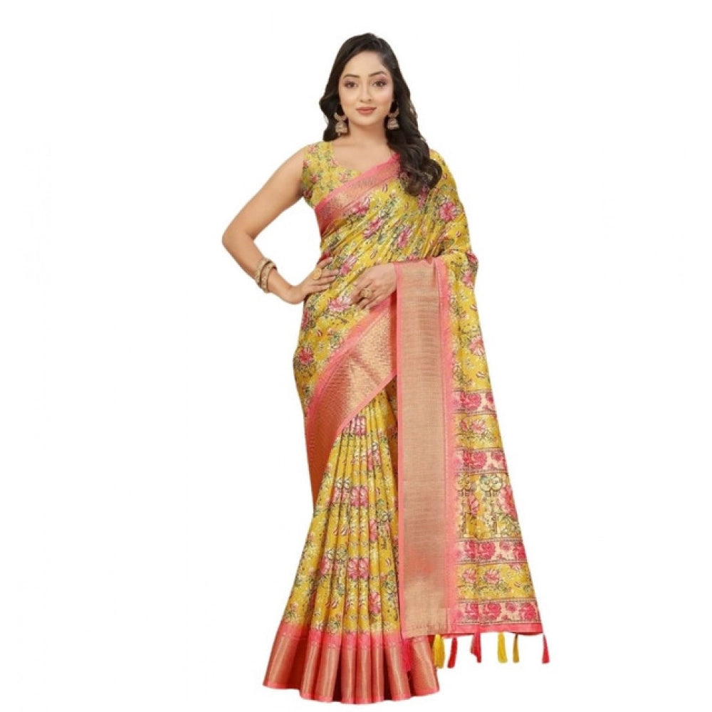 Yellow cotton silk floral printed saree with unstitched blouse (5.5Mtr), women's ethnic wear on hanger