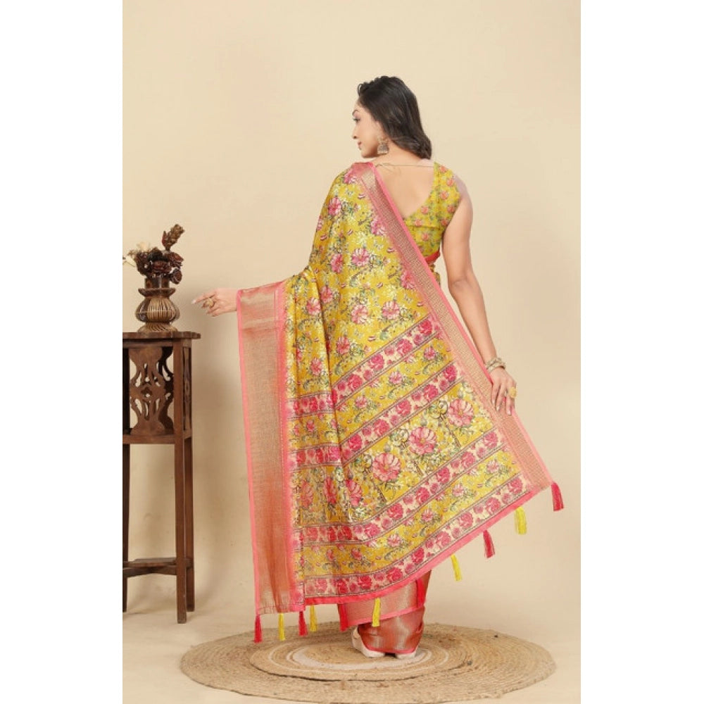 Yellow cotton silk floral printed saree with unstitched blouse (5.5mtr), elegant traditional Indian women's wear on mannequin