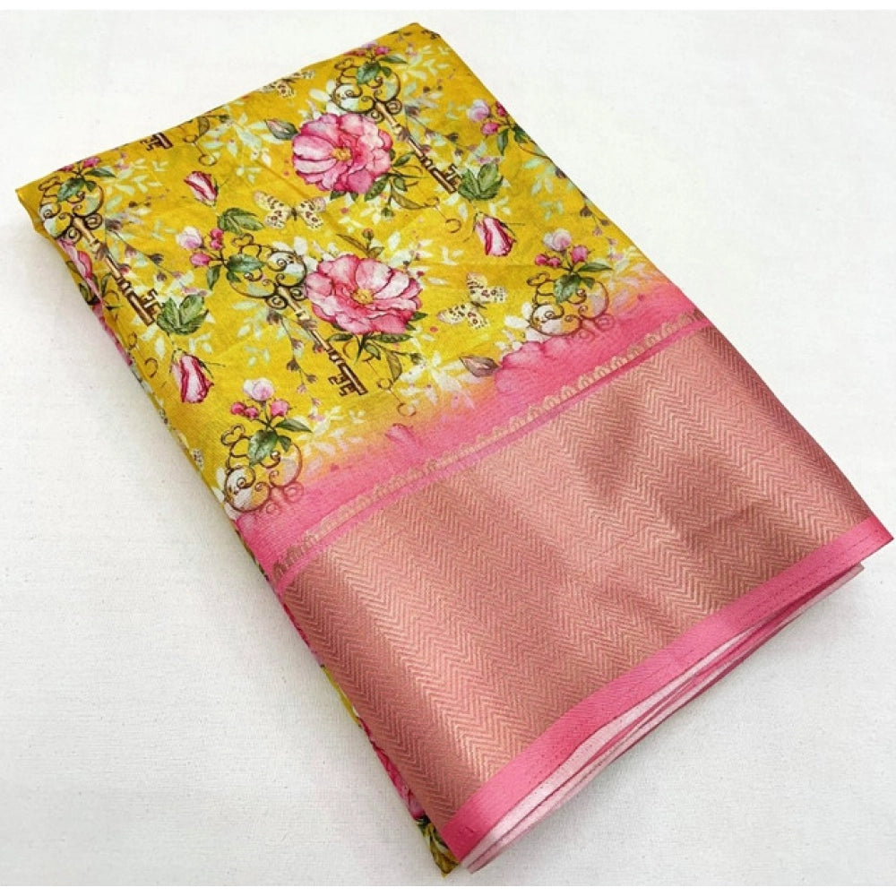 Yellow cotton silk floral printed saree with unstitched blouse (5.5Mtr), traditional Indian wear for women