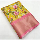 Yellow cotton silk floral printed saree with unstitched blouse (5.5Mtr), traditional Indian wear for women